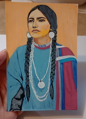 Acrylic Original Painting, Portrait of Native American Woman 4x6inch on Paper - Image 1 of 4