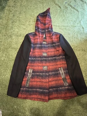 Elevenses Jacket Womens Medium Red Black Hooded Plaid Wool Blend Toggle Coat - Image 1 of 4