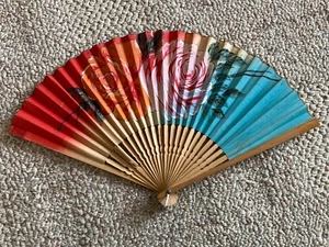 Vintage Floral Japanese Wooden Paper Hand Fans Fold Up 1940-1950 Japan - Picture 1 of 11