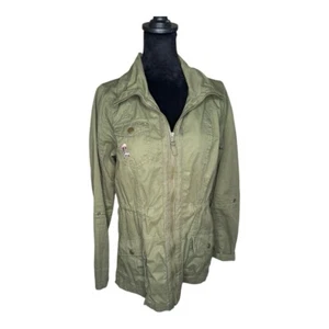 Mi ami Olive Green Cargo Utility Jacket Floral Embroidery Size Medium Zip Front - Picture 1 of 11