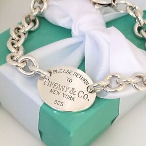 7.5" Please Return To Tiffany & Co Sterling Silver Oval Tag Charm Bracelet