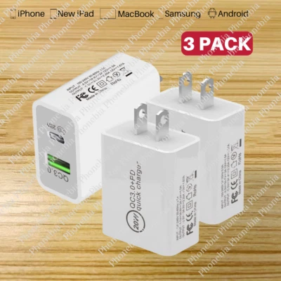 Paquete de 3 PD 20W USB-C Cargador de Pared Rápido QC3.0 Adaptador de Corriente para iPhone iPad Samsung Foto 1 de 4