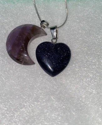 "Collar de plata de ley 24"" corazón de piedra dorada azul luna amatista natural y luna" Foto 1 de 4