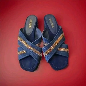 Ann Marino Zip Me Up Sandal Blue Colored Rhinestones Size 7.5 Denim Mule Chic - Picture 1 of 8
