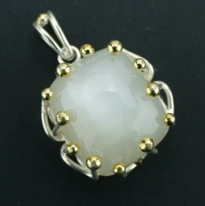 Großer Katzenauge Mondstein 925 Silber und Krone Stil vergoldet Natur Anhänger - Bild 1 von 3