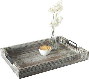 Distressed Torched Wood 20-Inch Serving Tray with Modern Black Metal Handles - Picture 1 of 5