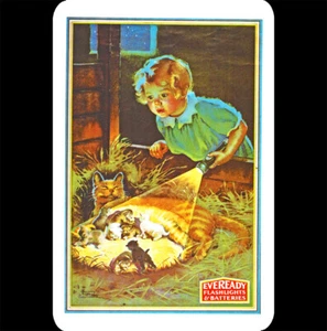 Vintage Blechschild 8x12 süße Mutter Katze Kätzchen Scheune Mädchen Eveready Überraschung Kunst - Bild 1 von 2