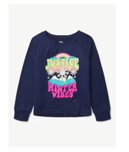Justice~Girls "Winter Vibes" Navy Raglan shirt top Long Sleeve Glitter Sz M (10) - Picture 1 of 2