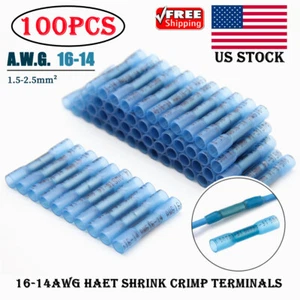 100PCS 14-16 Gauge Blue Heat Shrink Crimp Terminals Kit Butt Wire Connectors Set - Picture 1 of 12