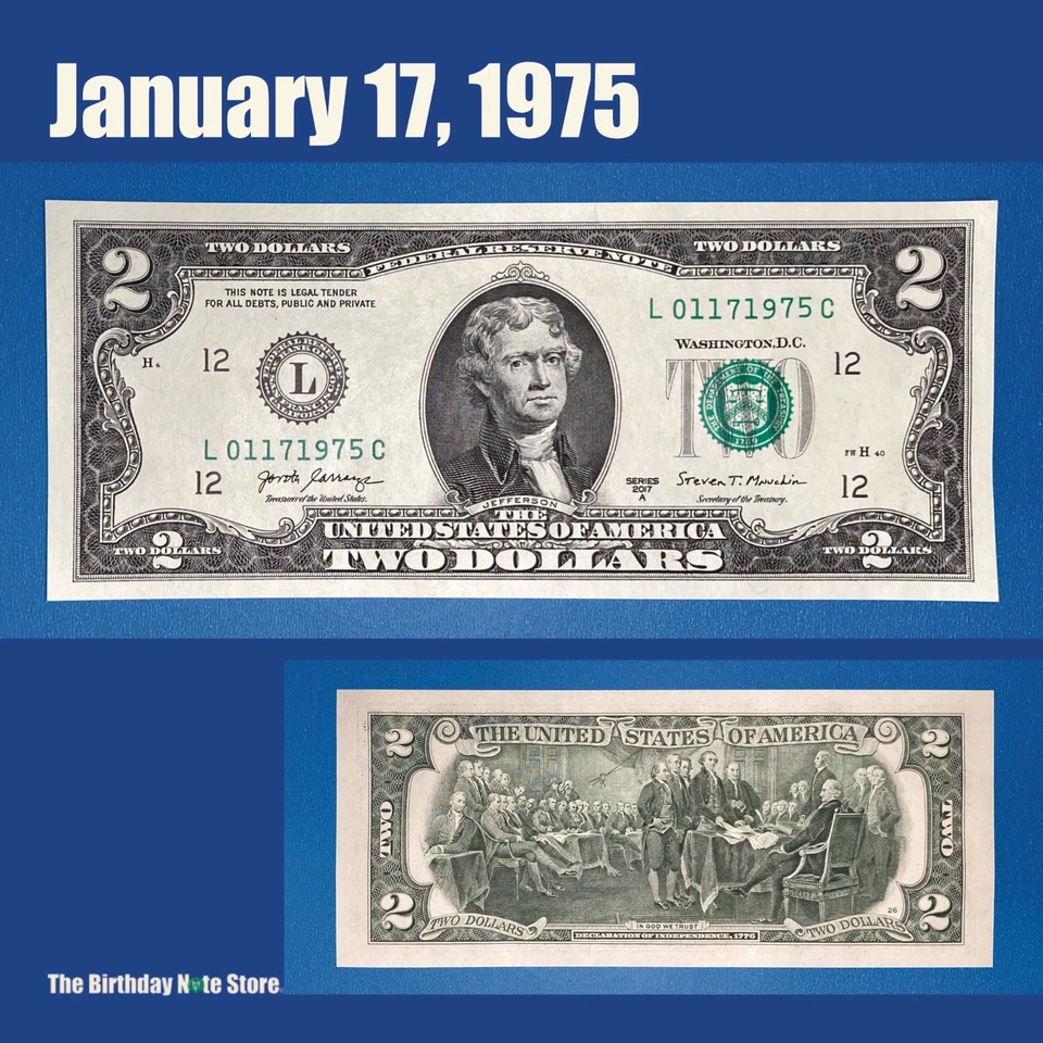 January 17, 1975 Birthday Anniversary $2 Two Dollar Bill Serial Number 01171975 - Image 1 of 2
