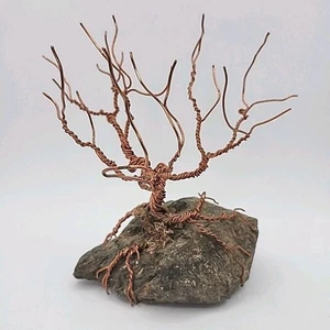 Vintage MCM Handcrafted Copper Twisted Wire Bonsai Tree On Natural Stone Base - Picture 1 of 10