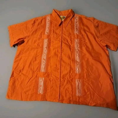 NWOT Haband Guayabera 3X Coral Zip Up Short Sleeve Embroidery Pockets Shirt - Image 1 of 4