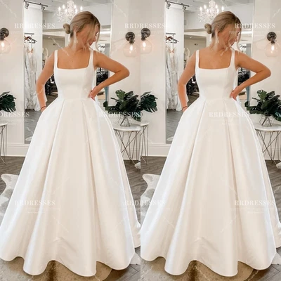 Satin Wedding Dresses Simple Dreamy White Ivory Square Neck New Bridal Gowns - Image 1 of 4