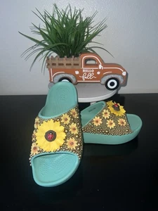 Womens  Bling Jade Sunflower Embellished Sandals Platform Crocs - Picture 1 of 7