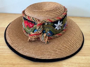 Vintage Tyrolean Straw Hat Bavaria Germany Tyrol Edelweiss Embroidered 1950's - Picture 1 of 7