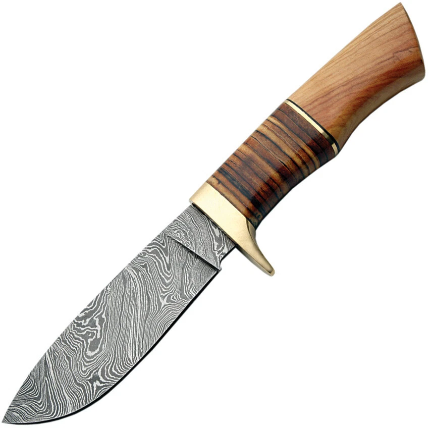 Cuchillo Damasco Hunter Hoja Fija Apilado Cuero y Madera de Olivo con Funda 1100 Foto 1 de 1