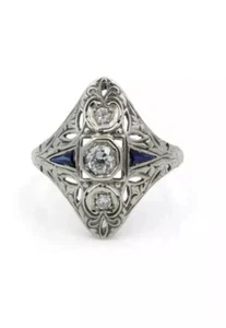 18K White Gold Old Euro Diamonds & Sapphires Die Struck Ring - Imagen 1 de 7