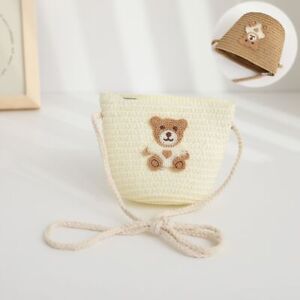 Handmade Woven Kid Messenger Bags Cartoon Bear Storage Basket Mini Straw Bag