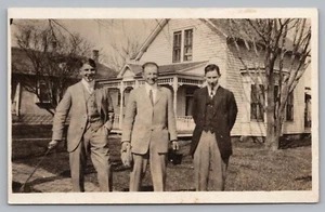 Postcard RPPC Three Well Dressed Young Men in Suits in Front of House ca 1920s - Picture 1 of 2