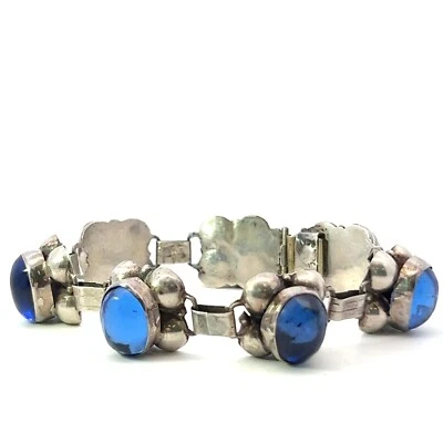 Bracciale Vintage In Argento Sterling Con Cabochon In Vetro Blu - Immagine 1 di 4