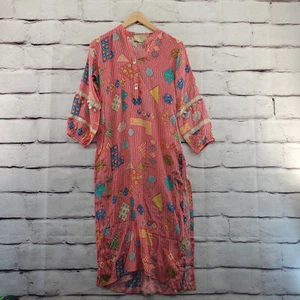 KALKI 36 A-Line Dress Womens 6 Midi Button 3/4 Sleeve Silk Patchwork Charms - Picture 1 of 10