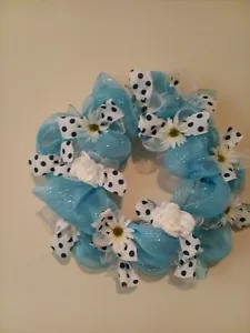 Spring Summer Deco Mesh Wreath Teal White Floral Handmade - Picture 1 of 2
