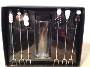 Bombay Art Glass Cocktail Picks Forks = Red White & Black w/Glass Holder New - Picture 1 of 3