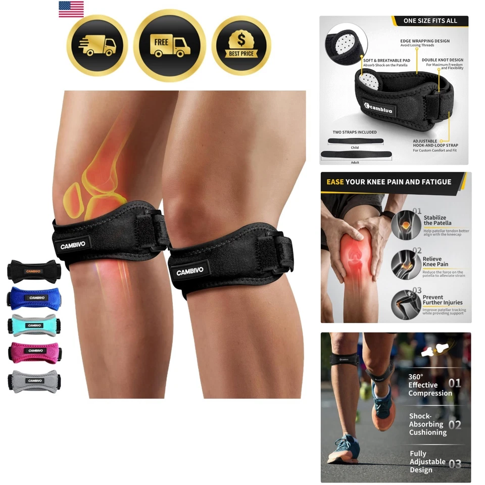 Cambivo 2 Pack Patella Knee Strap Adjustable Brace Patellar Black