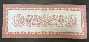 VTG Pink Austrian Woven Table Runner Bavarian Dancers Cotton & Linen 38x14” - Picture 1 of 12