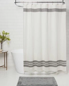 Threshold Stripe Shower Curtain Cream Gray Nwot Twist Fringe - Picture 1 of 5