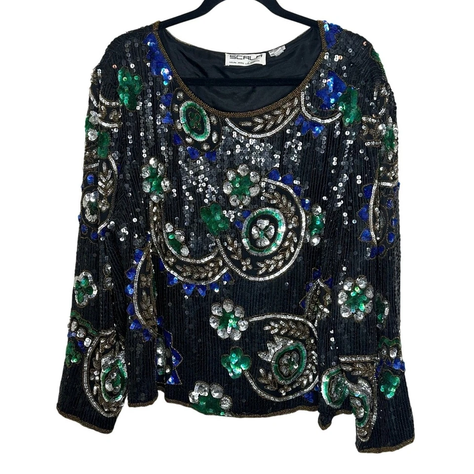 Blusa Scala De Colección Negra Verde Dorada Paisley Lentejuelas Manga Larga Fiesta Vacaciones 3X Foto 1 de 4