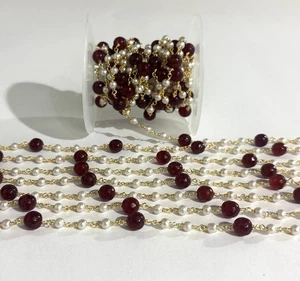 8 mm rote Jade Perlen mit 4 mm weißen Perlen Rosenkranz Kette vergoldet Großpackung Rolle - Bild 1 von 7