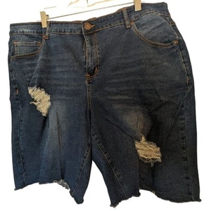 Hot Kiss Size 22 Denim Shorts Dark Blue Distressed Frayed Hem Womens Casual Wear - Picture 1 of 16