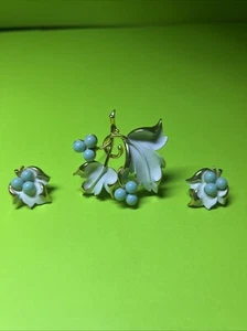Sarah Coventry Vintage 1967 Placid Beauty Blue Berry Enamel Brooch Earrings Set - Picture 1 of 8
