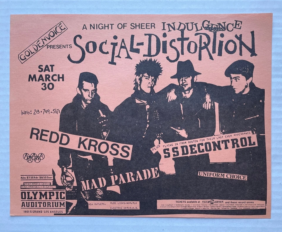 SOCIAL DISTORTION REDD KROSS 1985 Olympic Auditorium PUNK FLYER SSD Goldenvoice - Image 1 of 1