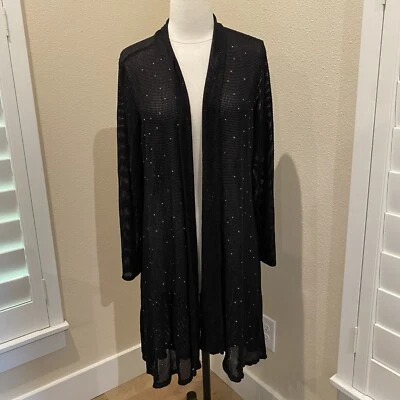 Slim Factor By Investments Open Front Cardigan Mesh Sparkle Rhinestone Black M - Image 1 of 4