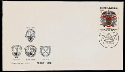 Escudo de armas histórico de Praga y distritos Checoslavacia primer día cubierta 1968 Foto 1 de 3