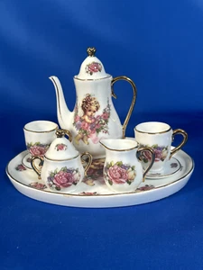 MINIATURE GOLD TRIM CHERUB PORCELAIN TEA SET TEAPOT SUGAR BOWL CREAMER 2 TEACUPS - Picture 1 of 8