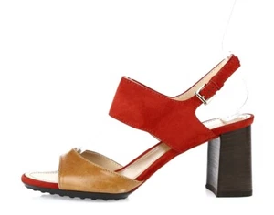 Womens TODS Tan Red Leather Suede Ankle Strap Block Heels Sandals Size 37.5 - Picture 1 of 6
