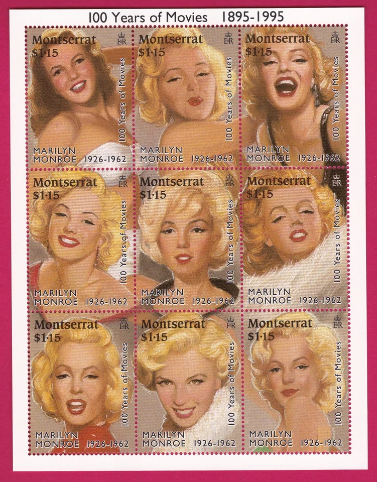 1995 FOLHA DE SELO MARILYN MONROE LEMBRANÇA 100 ANOS DE FILMES LOIRA MONTSERRAT - Imagem 1 de 1