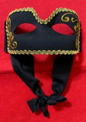 LUXURY BLACK & GOLD COSTUME MASK MASQUERADE EYE MASK ADJUSTABLE FABRIC TIE - Image 1 of 2