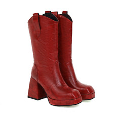 Women's Leather Mid Calf Boots Block Heels Shoes Platform Knee High Boots 35-45 