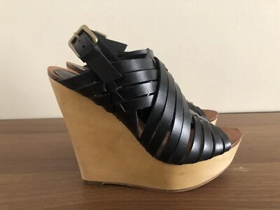 NUEVO Ash Oman 37 Mujer EE. UU. 7 Sandalia Plataforma Cuña Cuero Negro Cordones D2 Foto 1 de 4