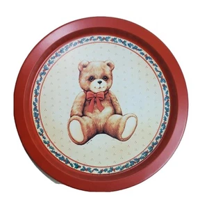 Darcy 1988 Metal Tray Sitting Teddy Bear 12.75” Round Holiday Party Decor - Picture 1 of 7
