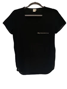 Paper Crane Sz S Black Full Zip Side Deco Pocket Short Sleeve Scoop Neck  - Picture 1 of 3