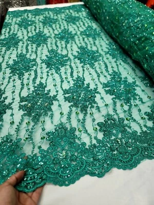Jade Beaded Lace Fabric Embroidery Rhinestones on Lace Fabric By Yard Scalloped  - Image 1 of 4