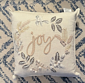 Joy Wreath Christmas Throw Pillow Neutral Flanged Embroidered 18x18 in