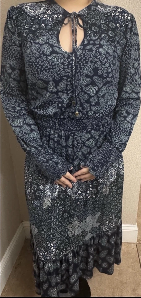 Vestido Michael Kors Boho Paisley Midi Nuevo con Etiquetas - Manga Larga Cuello Atado Azul Marino Talla M Foto 1 de 4