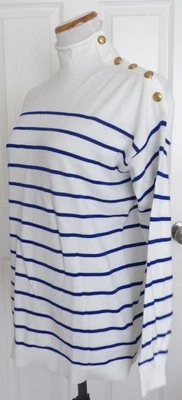 全新带标签 正品 RALPH LAUREN 蓝色/白色条纹金色标志纽扣女式毛衣 M — 第 1/4 张图片