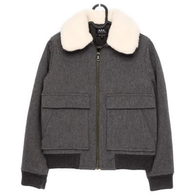 APC Faux Fur Collar Grey Chevron Wool Bomber Jacket - Image 1 of 4